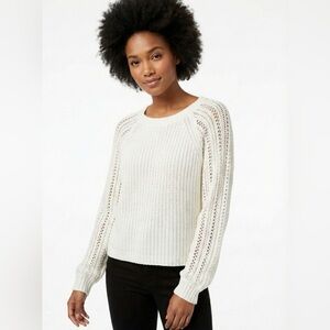 AMERICAN EAGLE Cotton Blend Cream Cropped Rib Knit Pointelle Sleeves Sweater M